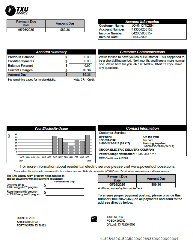 USA TXU Energy utility bill template in Word and PDF formats, version 6
